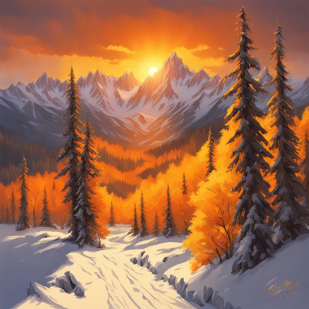 Bright yellow morning Sun rising over snow capped mountains ...