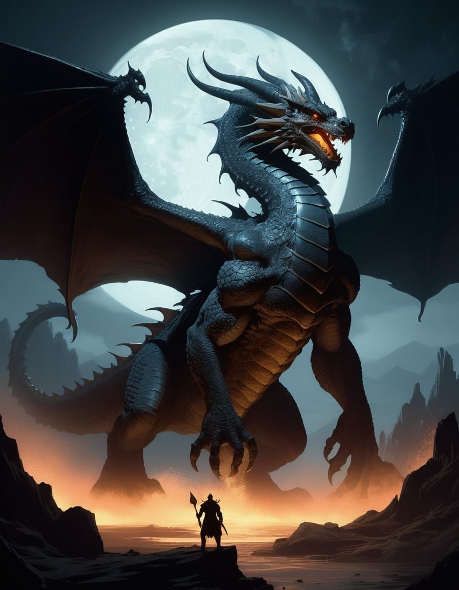 Obsidian Dragon Coils Shattered Moon Above Crumbling City