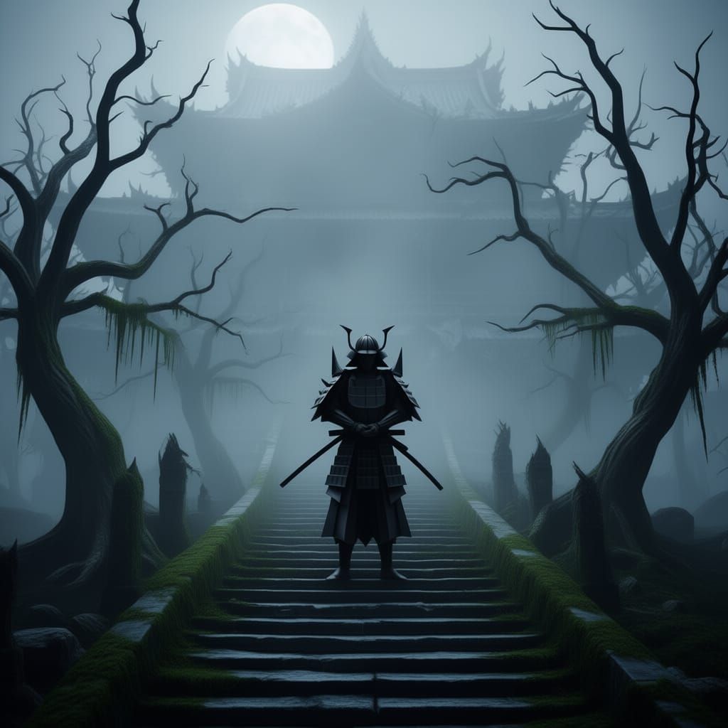 Origami Samurai in Foggy Temple Ruins