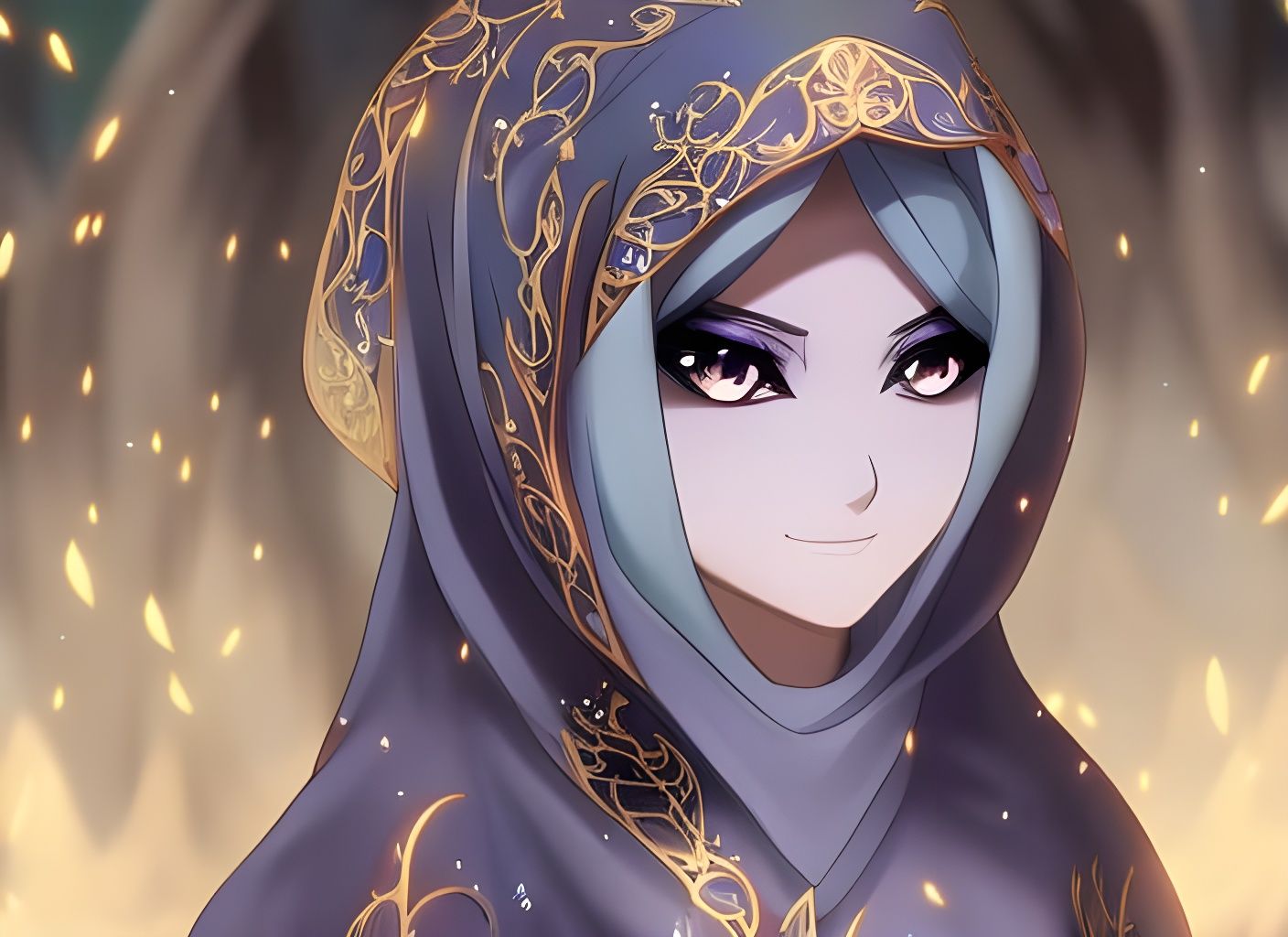 Muslim Woman Fae in Forest with Fireflies