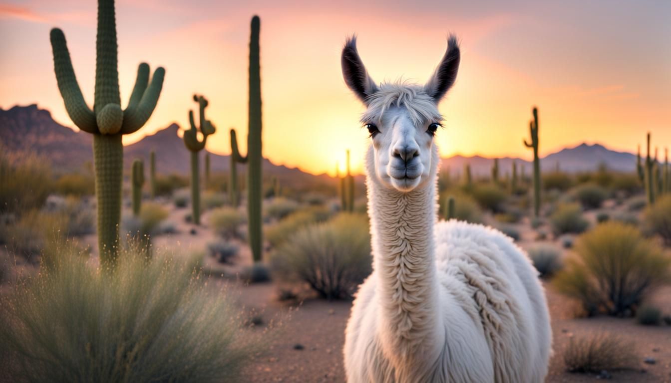 White Llama in Arizona Desert Sunset, Hyperrealism