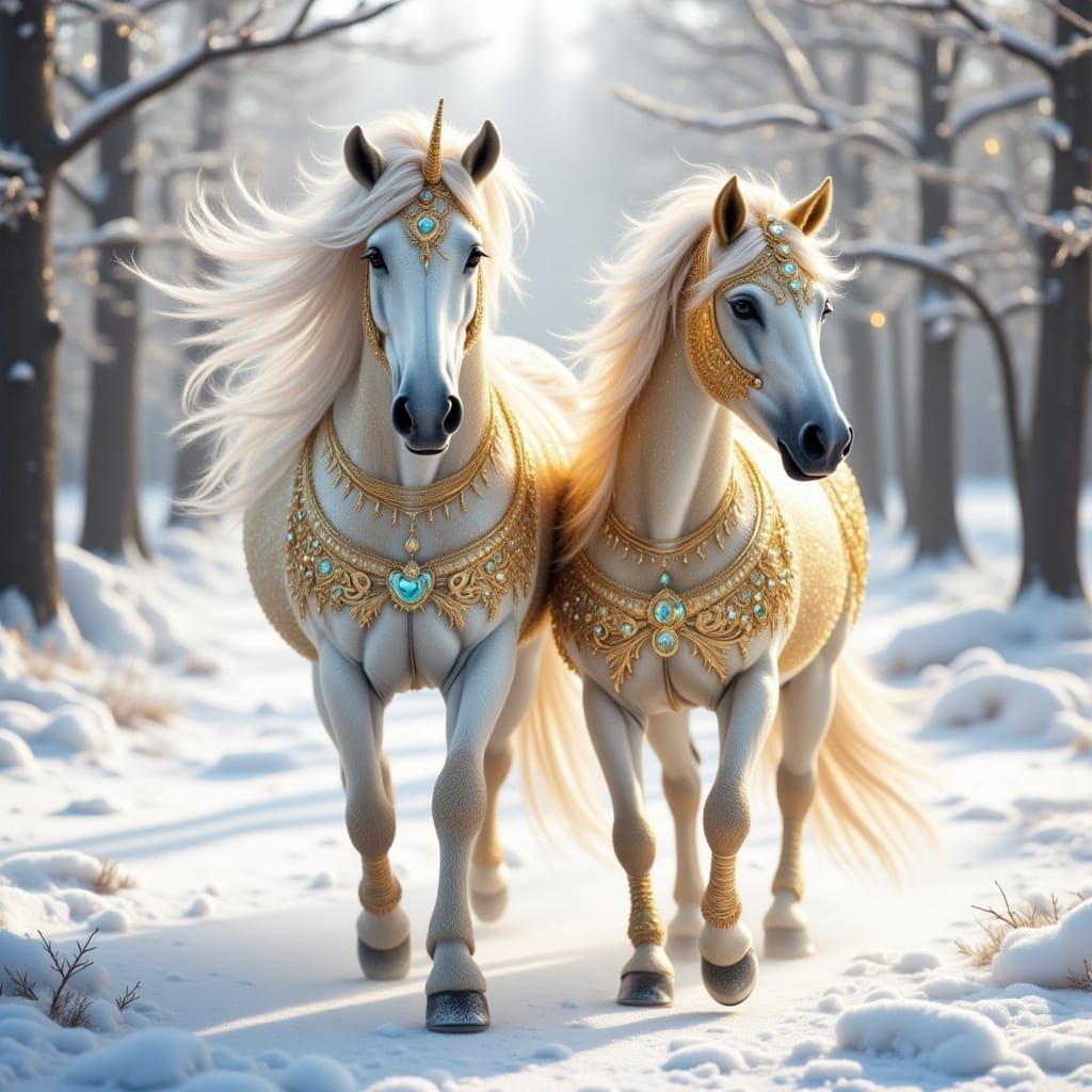 White Arabian Horse and Golden Unicorn in Snowy Landscape
