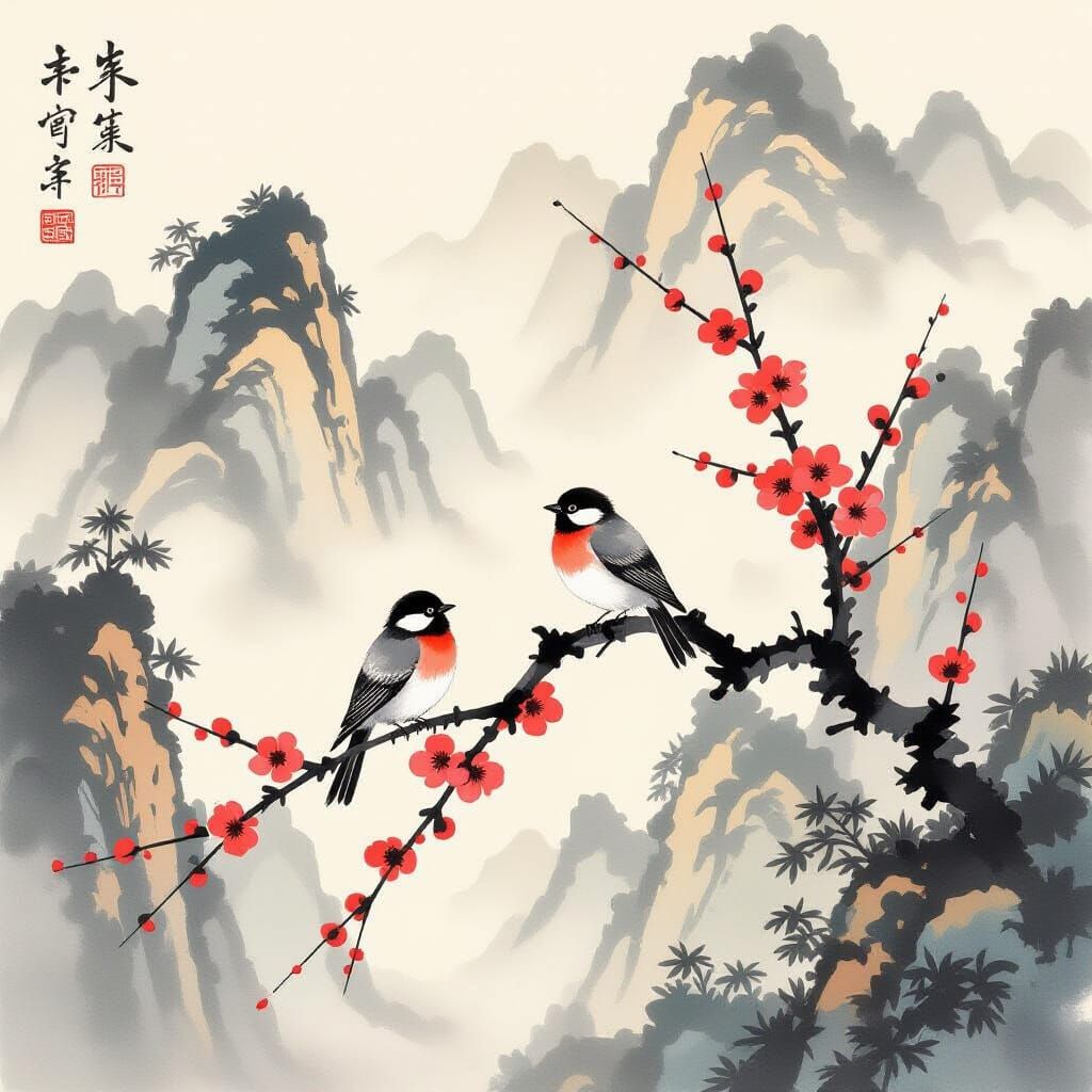 Chinese Mountains With Birds on Plum Branch in Ink Style