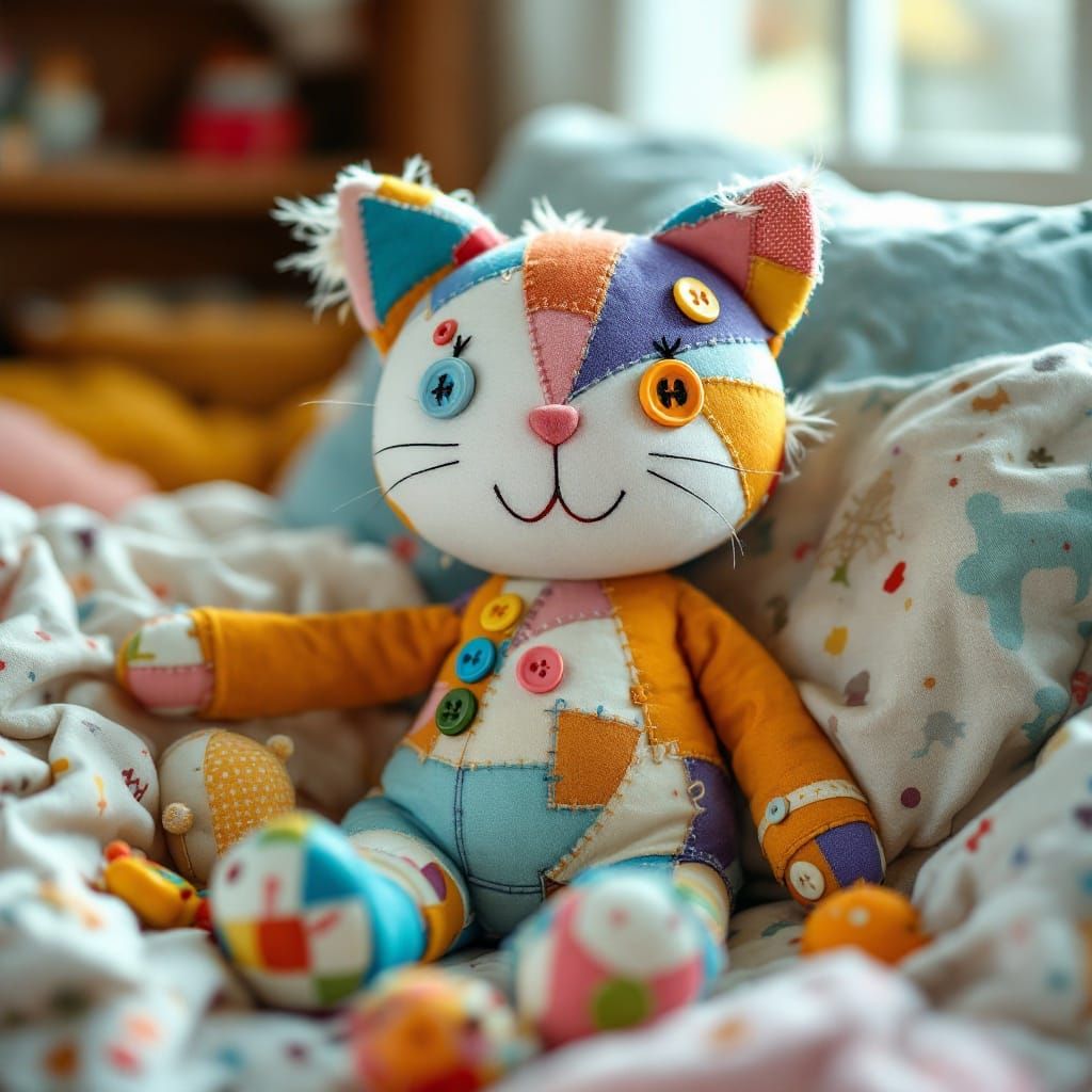 Whimsical Patchwork Cat in Cozy Child's Bedroom