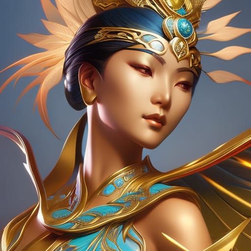 Quan Yin Portrait with White Peacock, Art Nouveau Style