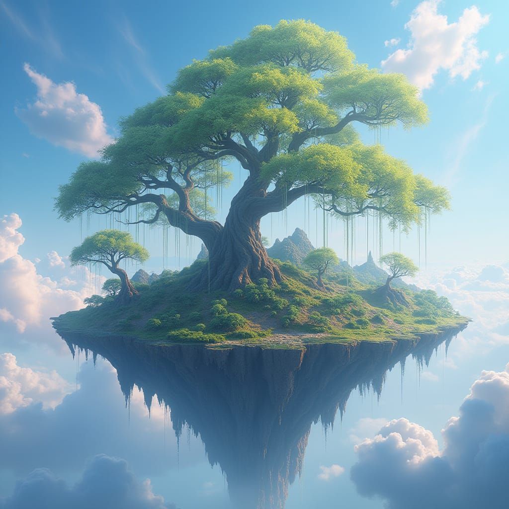 Floating Island Oasis in the Aether with Bonsai Trees and We...