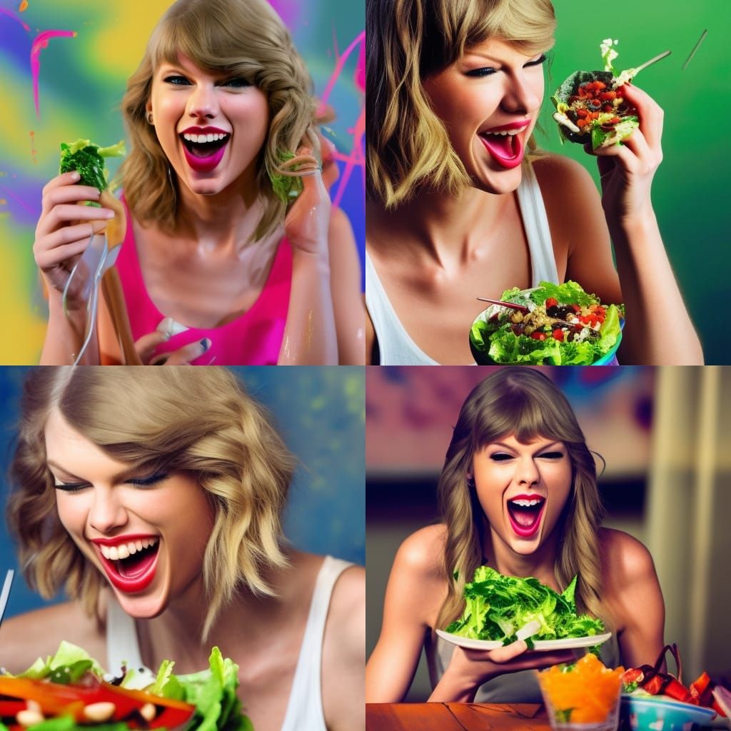 Taylor Swift Laughing Eating Salad: Hyperrealistic Splash Ar...
