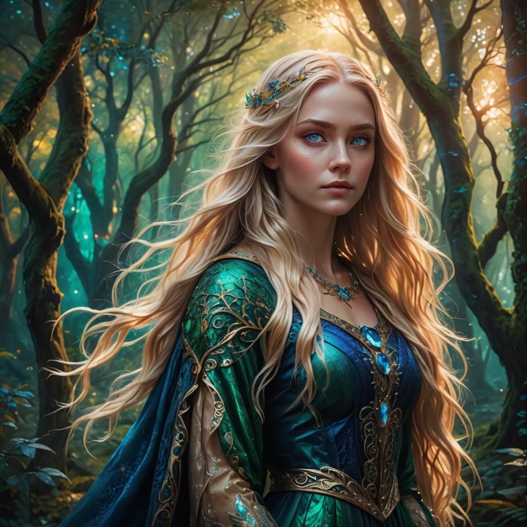 Enchanting Woman in Mystical Forest: Digital Art