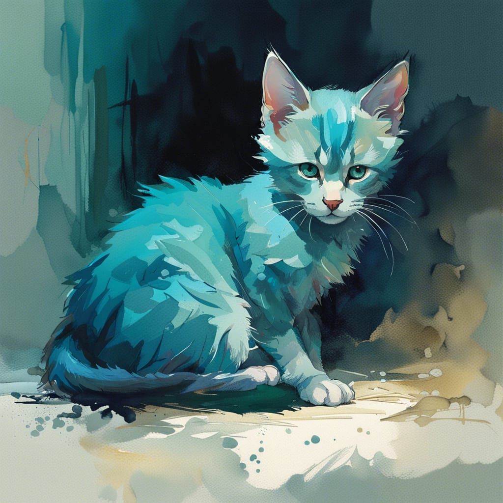 Blue Kitten Crouched: Gouache and Watercolor Art