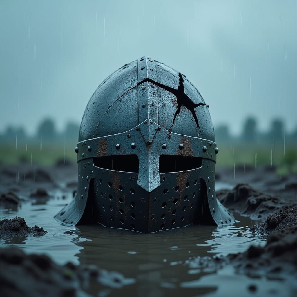 Worn Medieval Helmet in Mud, Comic Book Style