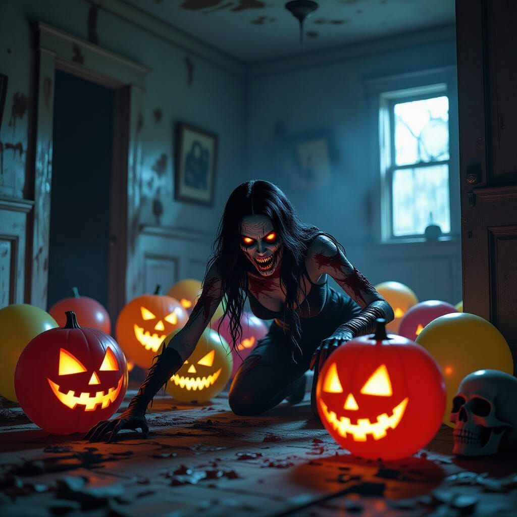 Zombie Scarlet Witch Crawls Among Giant Halloween Balloons i...