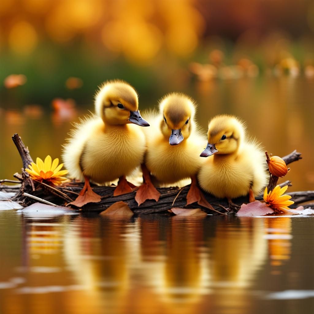 Ducklings with Flowers in Autumn Scenery
