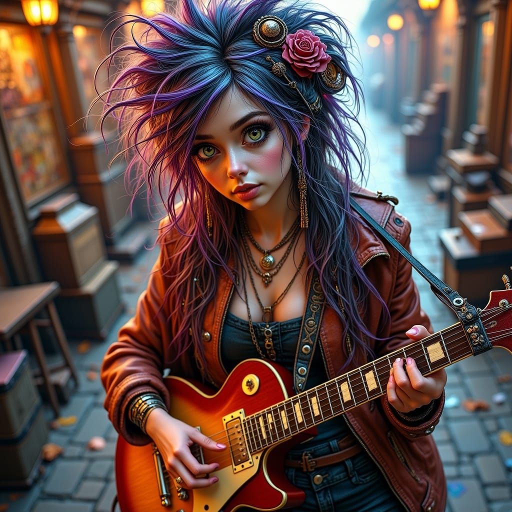 Steampunk Woman Plays Electric Guitar in Octane Render