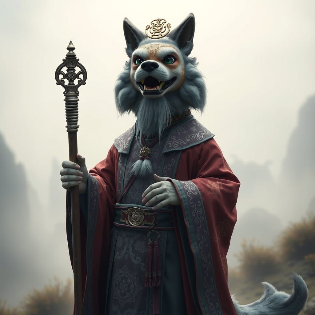 Dog Cleric in Fantasy Landscape, Cinematic Film Still