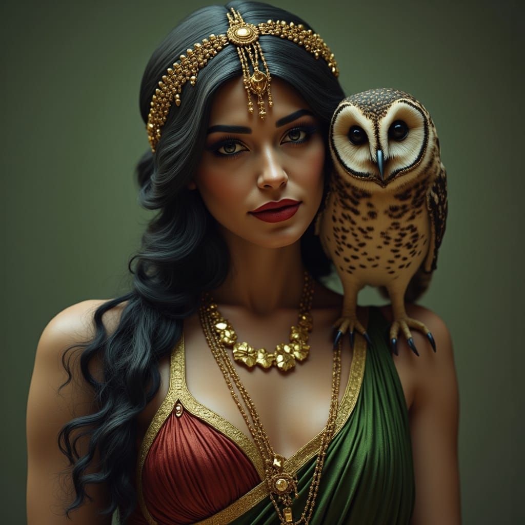 Photorealistic Greek Goddess Athene with Owl