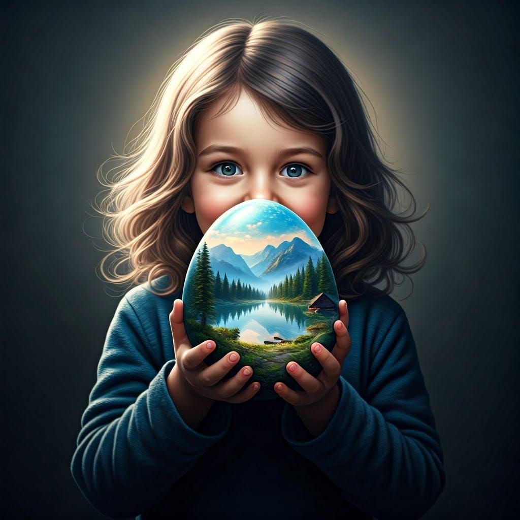 Child Holds Pearlescent Egg Radiating Iridescent Light