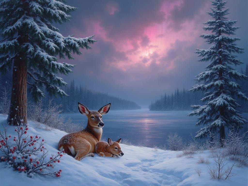 Winter Deer Scene Under Northern Lights in Oil Paint
