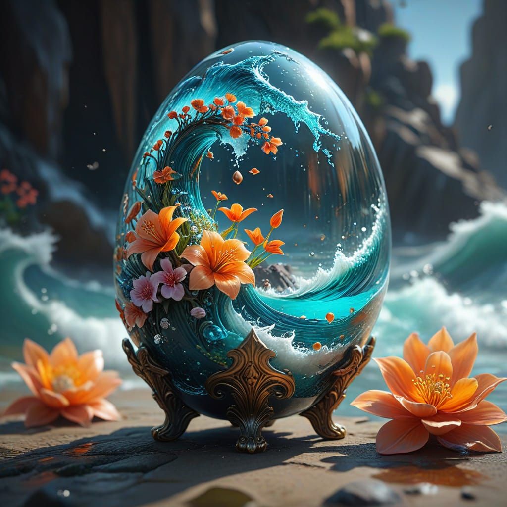 Whimsical Fantasy Scene with Glass Egg and Sea Wave