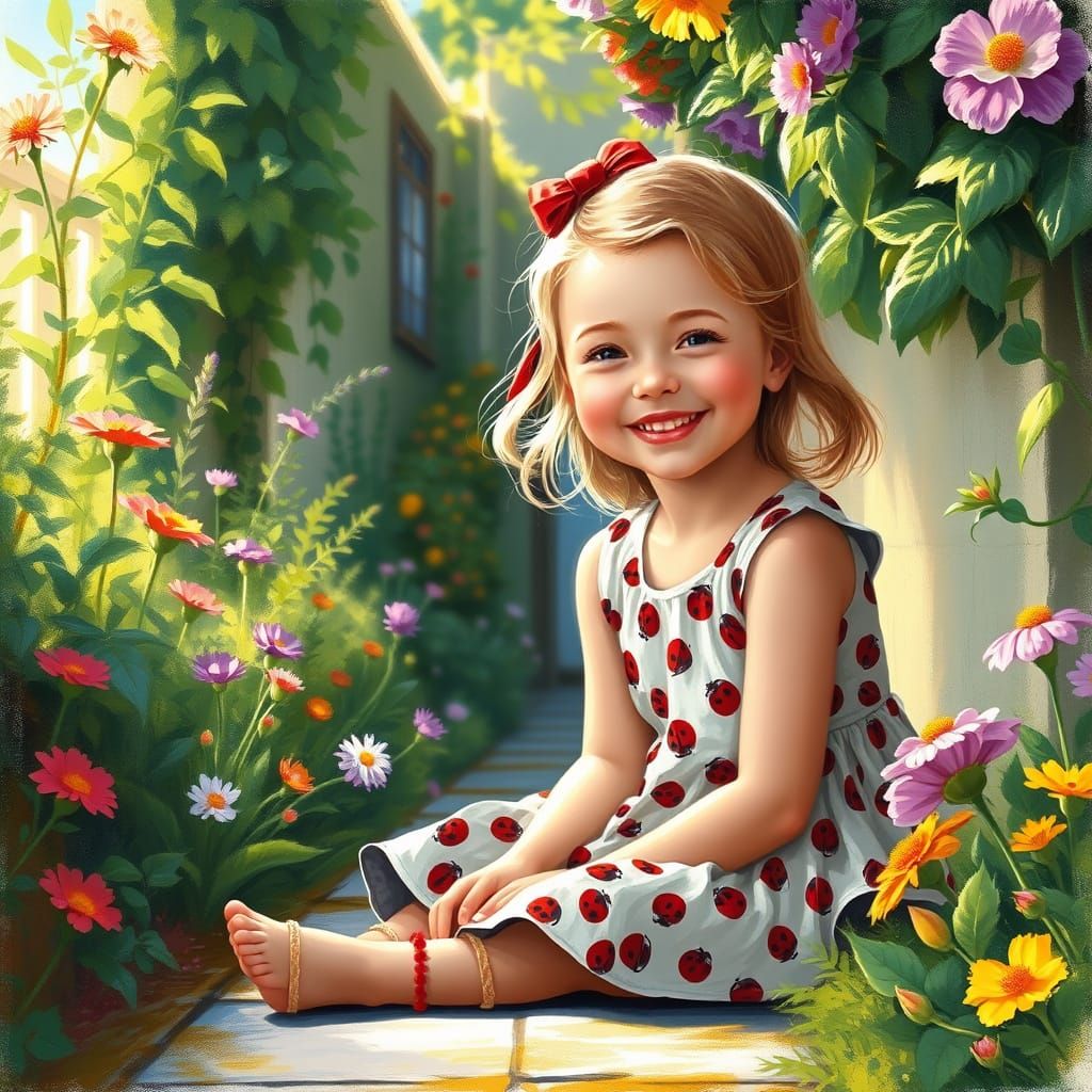 Girl in Garden Alleyway with Ladybug Dress