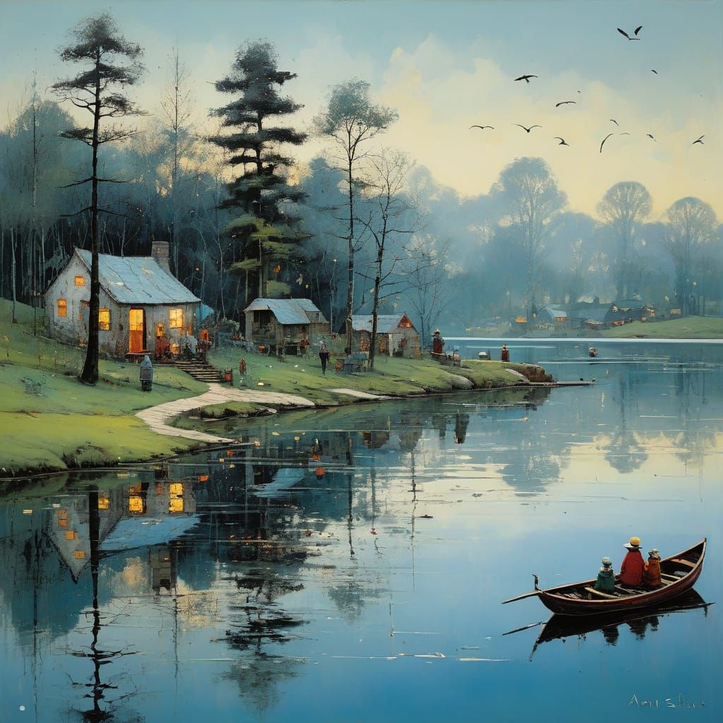 Naive Tribal Lakeside Scene in Vibrant Style