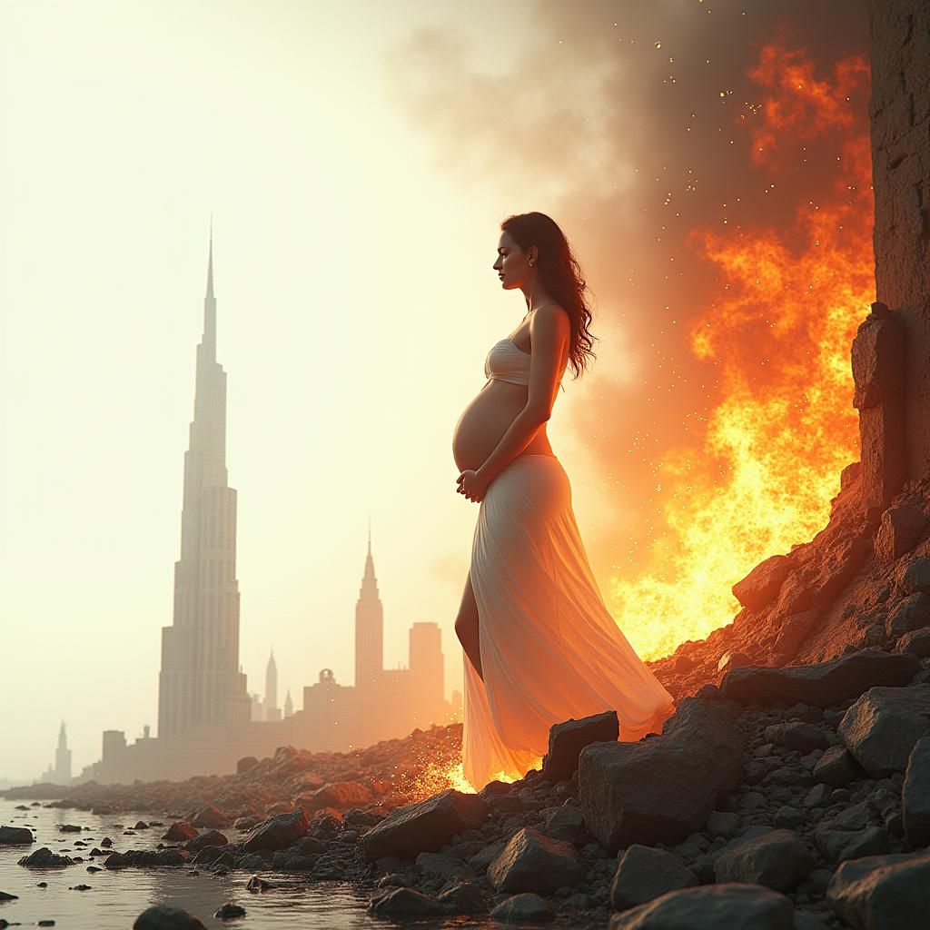 Hopeful Mother in Apocalyptic Scene, 3D Render