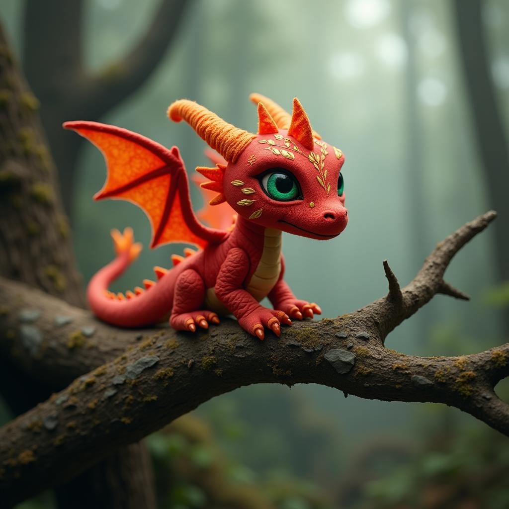 Felt Dragon on Misty Branch: Digital Art
