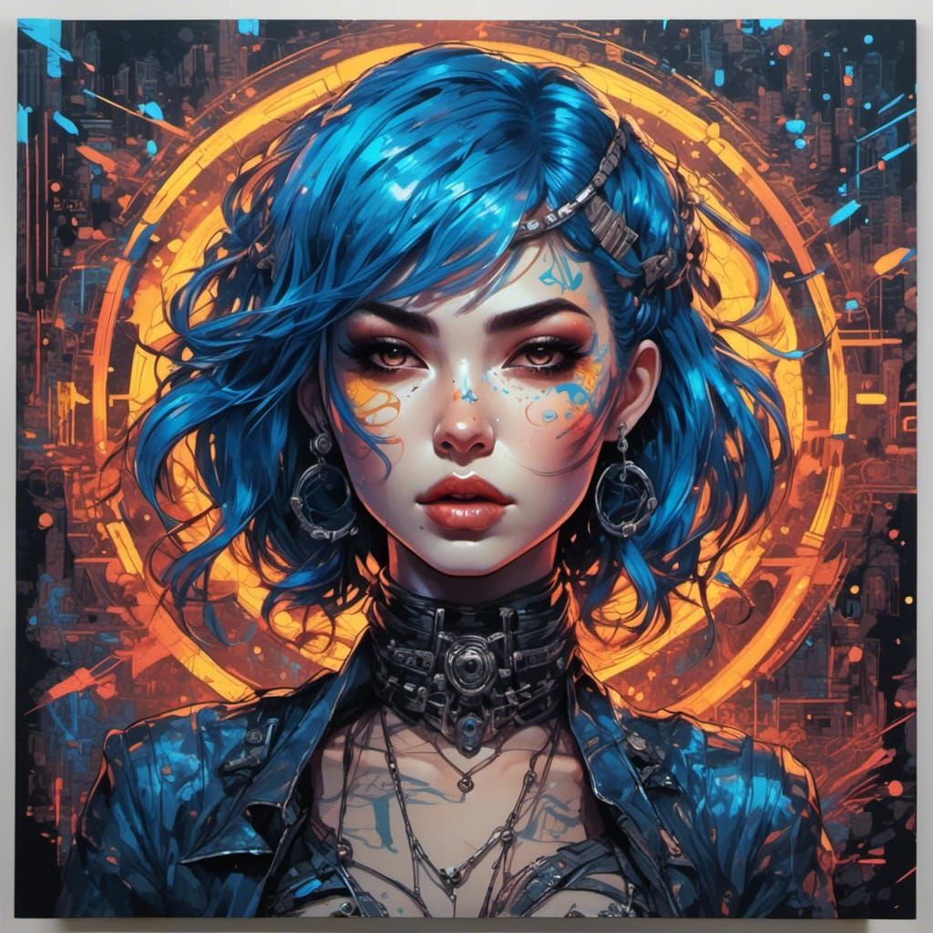 Cyberpunk Skull Girl with Electric Blue Hair in Neon Retro S...