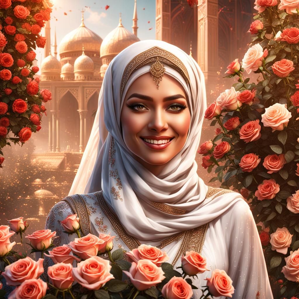 Beautiful Muslim Woman with Roses: Detailed Matte Painting