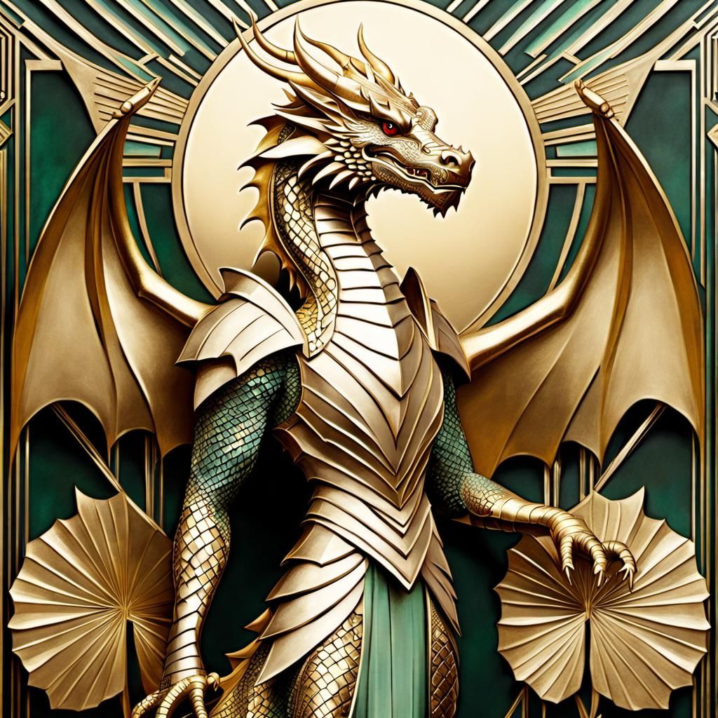 Art Deco Dragon in Gold Leaf Setting