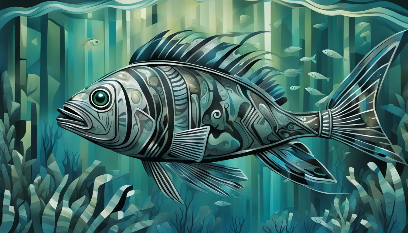 Cubist Native American Fish in Kelp Forest