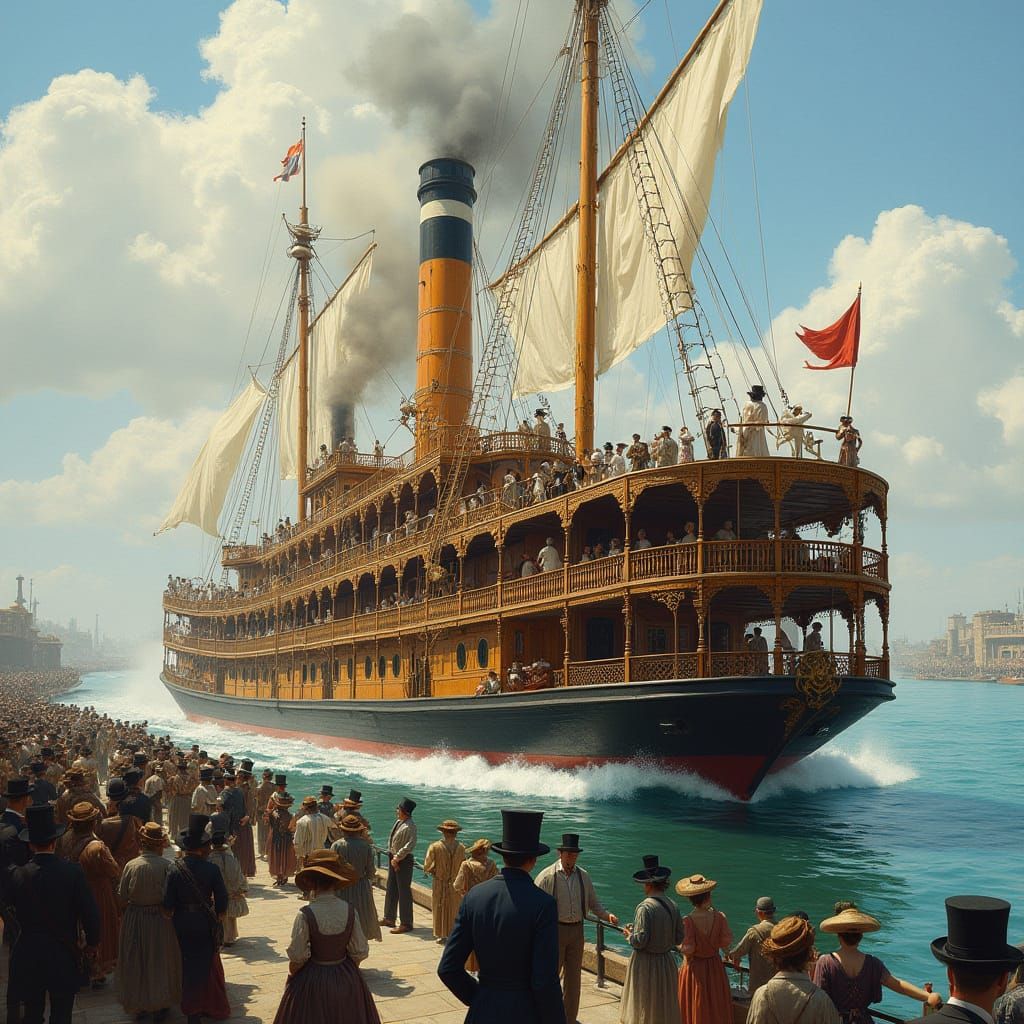 Majestic 1890s Paddlewheel Boat in Impressionistic Style