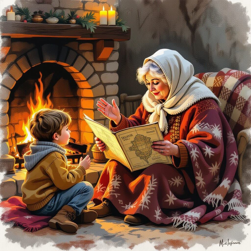 Misha and Babushka by Fireplace in Beksiński Style