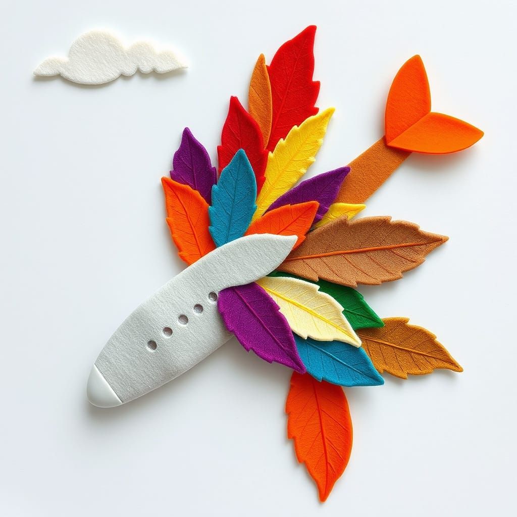 Whimsical Airplane Made of Felt Leaves in Collage Style