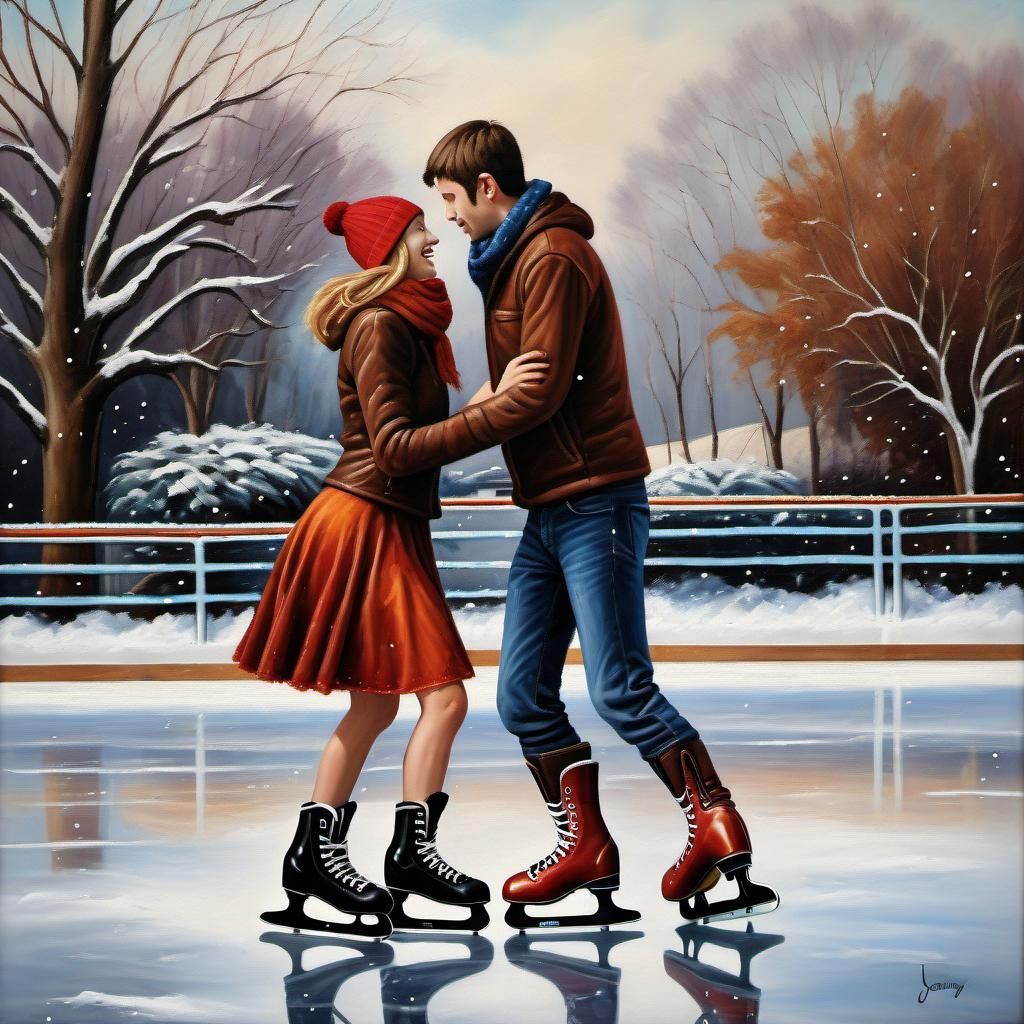 Romantic Couple Ice Skating in Winter Snowfall