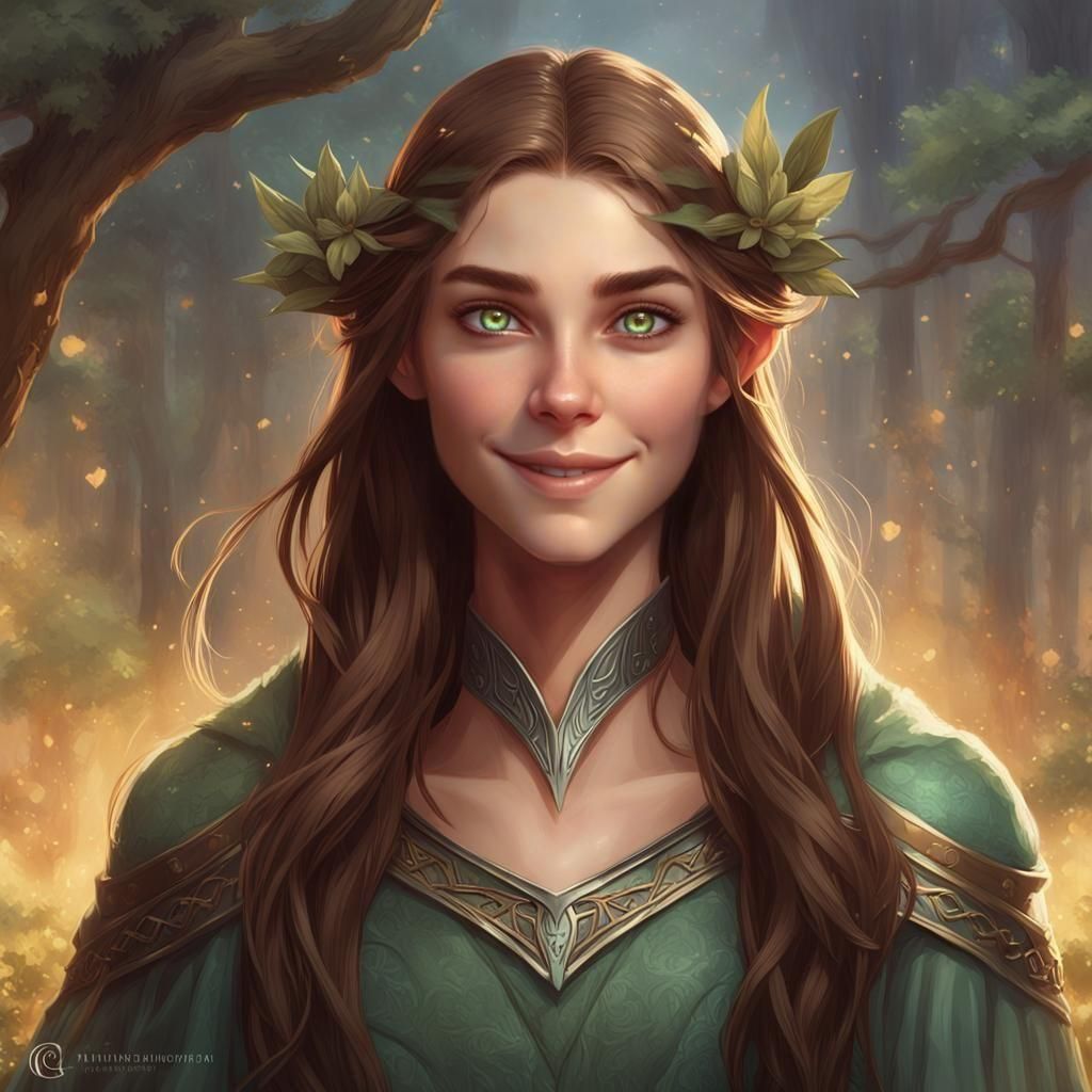 A beautiful 21 year old elven women with long brown hair and...