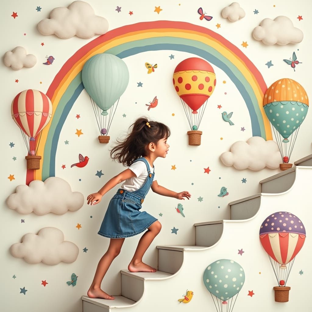 Whimsical Staircase Wallpaper Inspired by Children's Illustr...