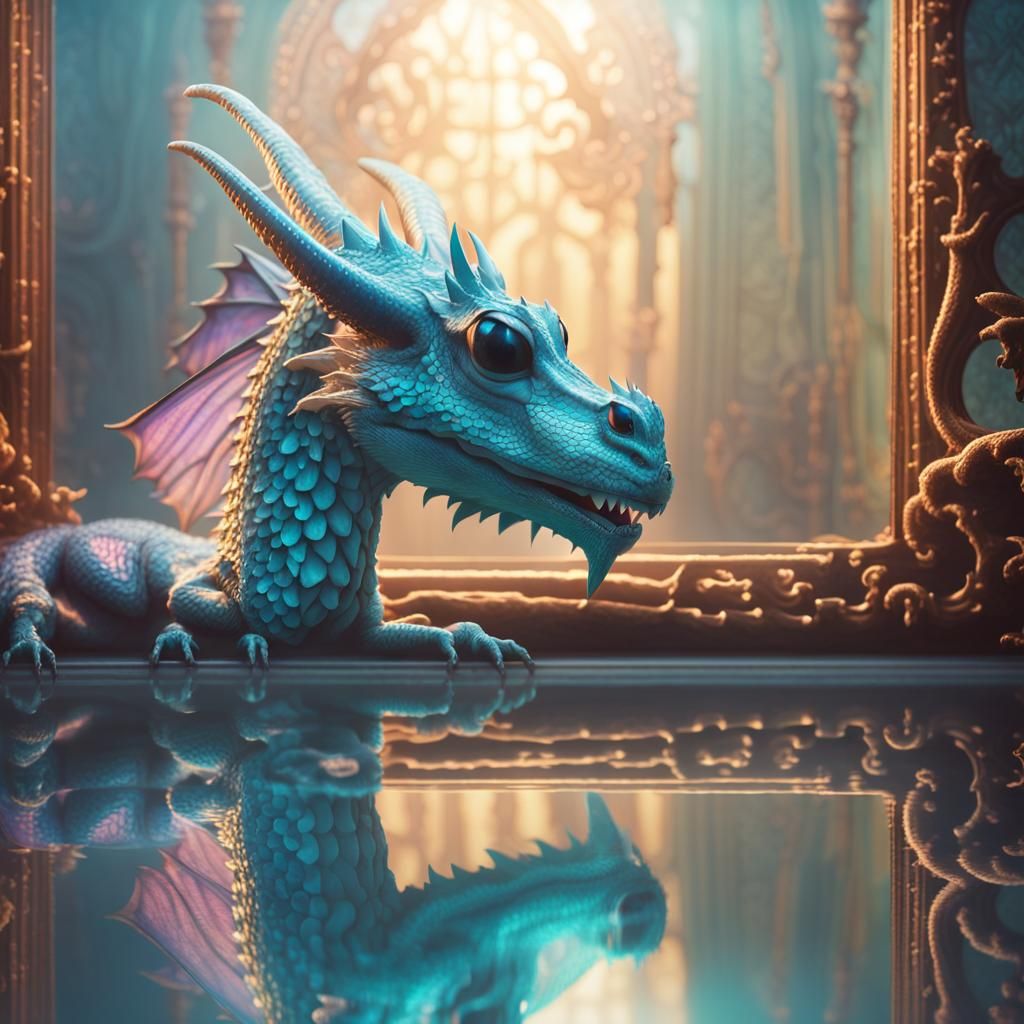 Beatle Dragon Kissing Reflection in Ornate Mirror