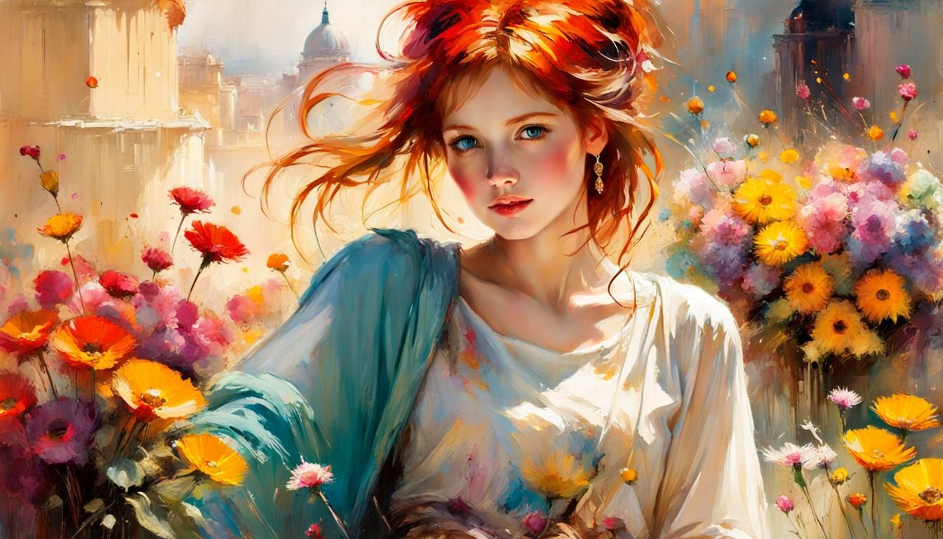 Redhead in Turquoise Dress Amidst Fantasy Flowers