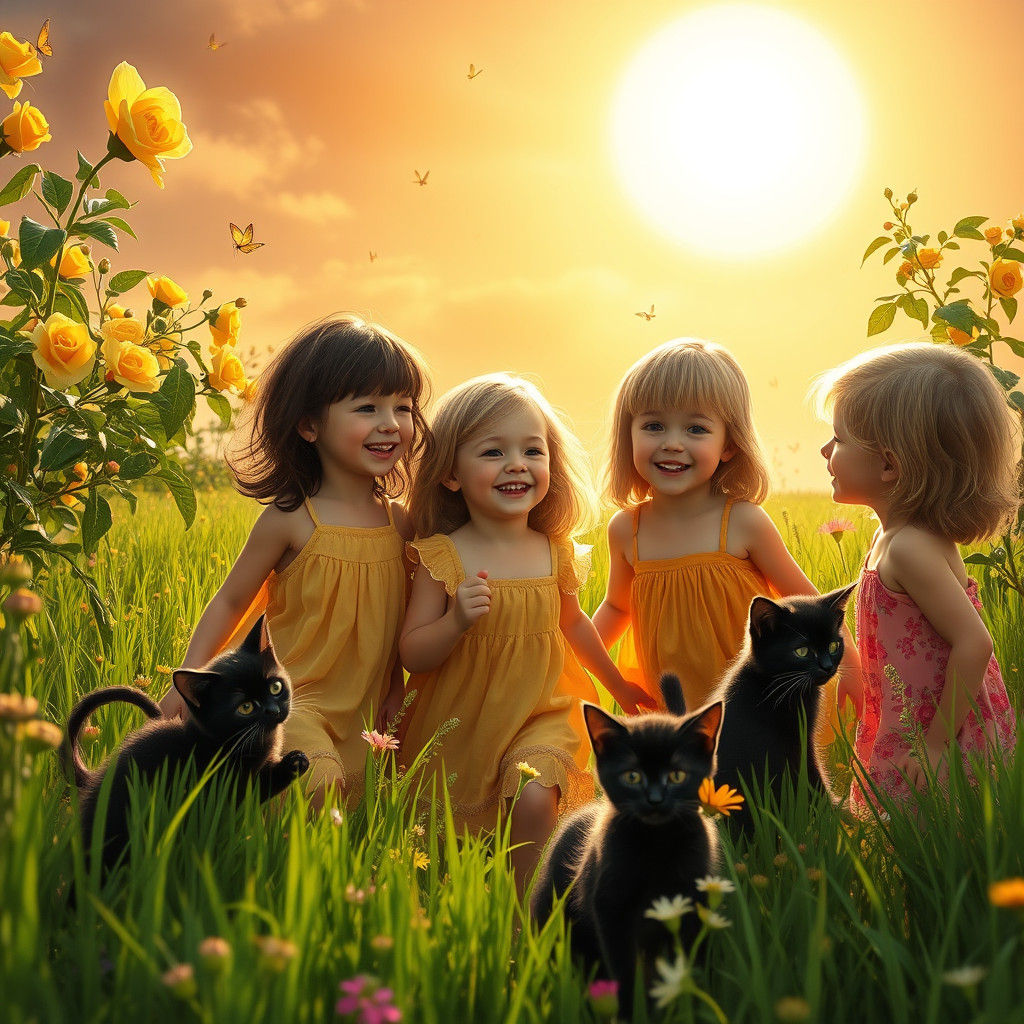 Children and Kittens in a Sunny Meadow: Hyperrealistic Splas...