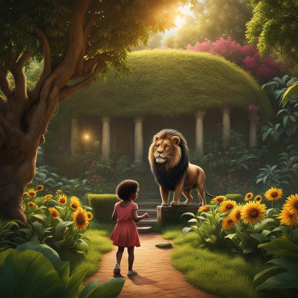 Child and Lion in Harmonious Garden, Cinematic Style