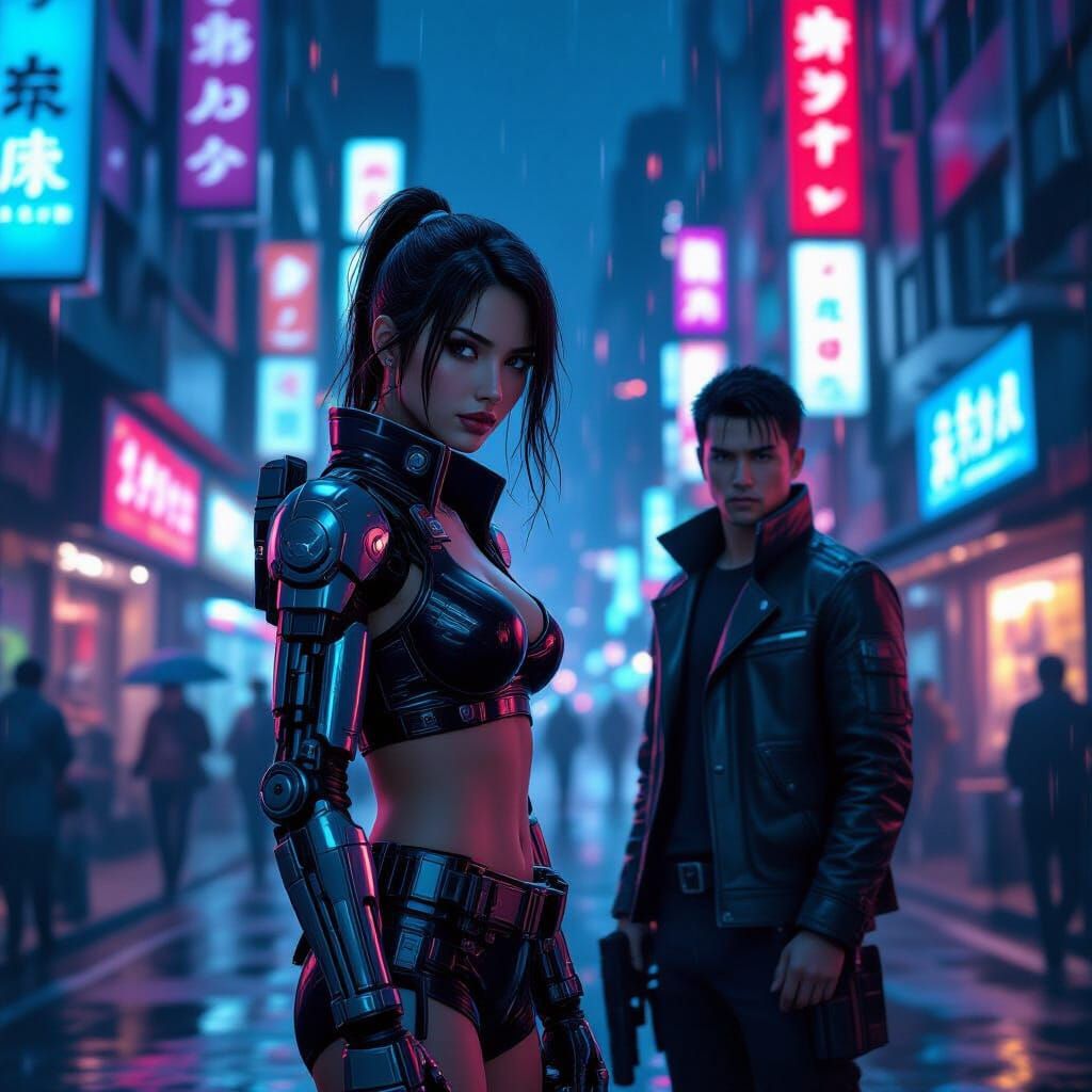 Cyberpunk Couple in Neon-Lit City Street