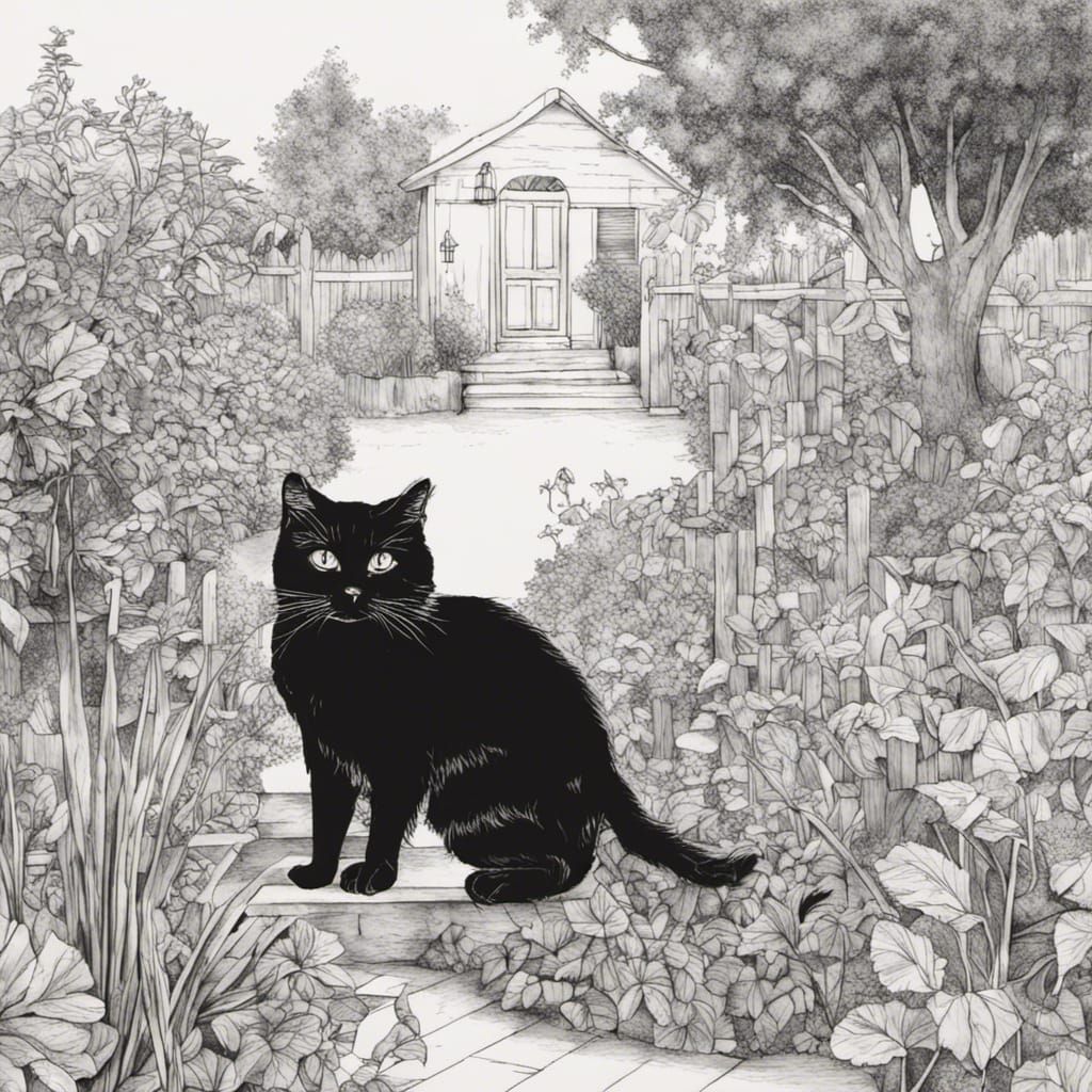 Ragdoll Cat in Garden: Black and White Ink