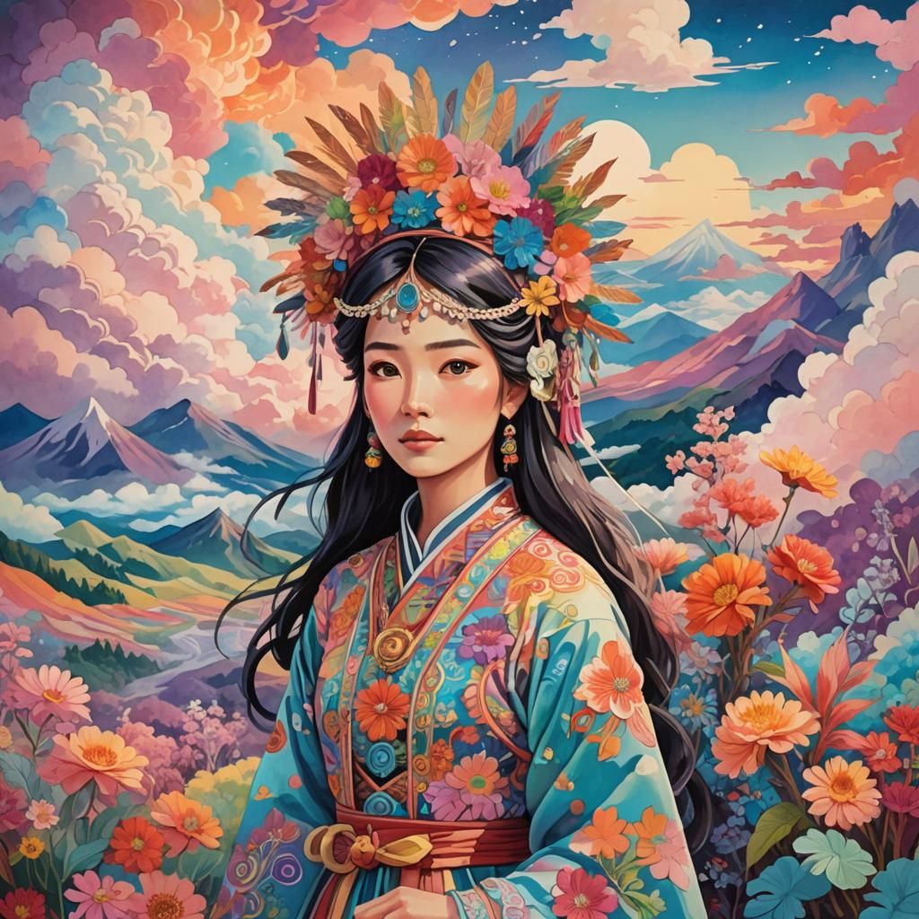 Miyazaki-Inspired Fantasy Landscape with Gouache Clouds