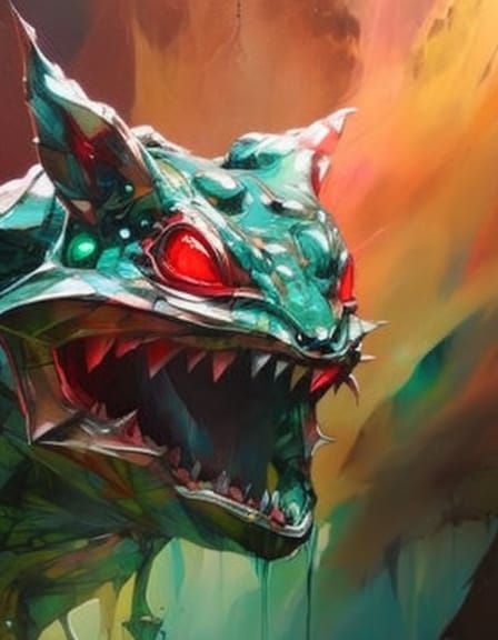 Portrait of a Bulbasaur, oil painting, brush strokes, by Alex Hirsch, Carne Griffiths, Craig Mullins, sharp teeth hyperd...