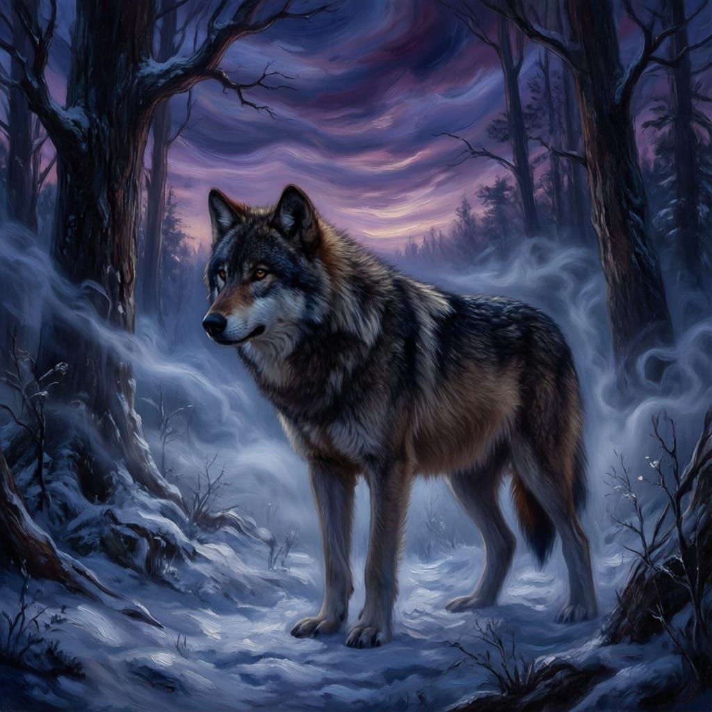 Majestic Wolf in Misty Forest at Twilight