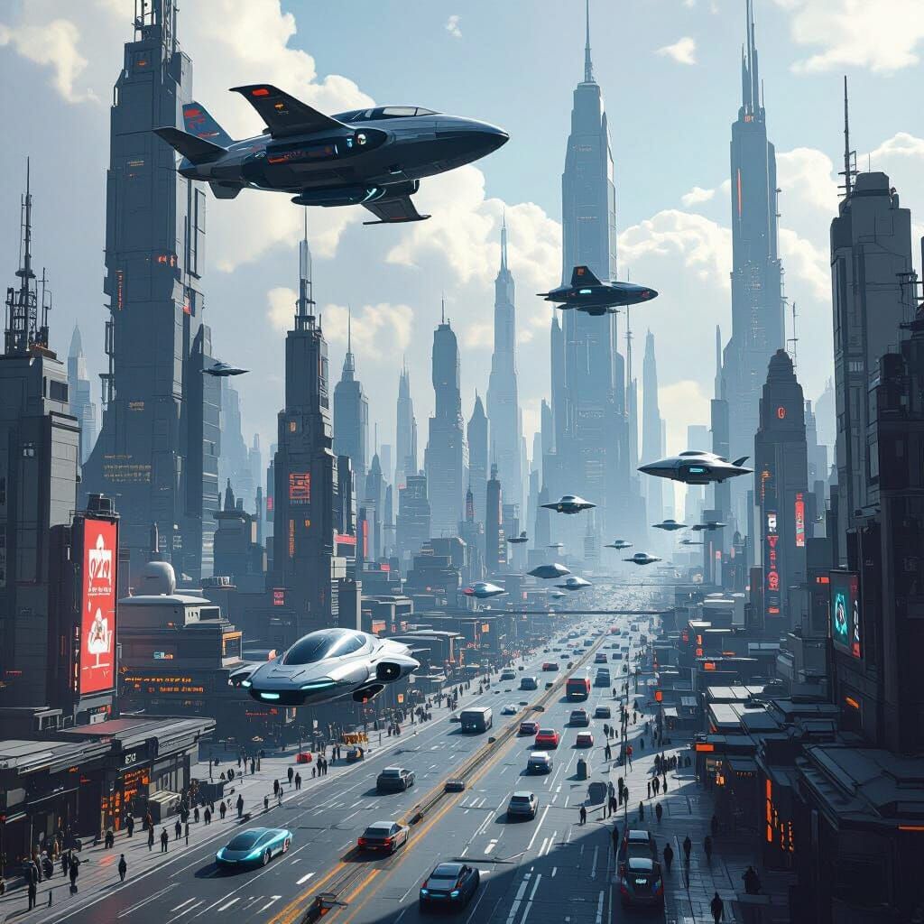 Dystopian Sci-Fi Metropolis with Flying Cars