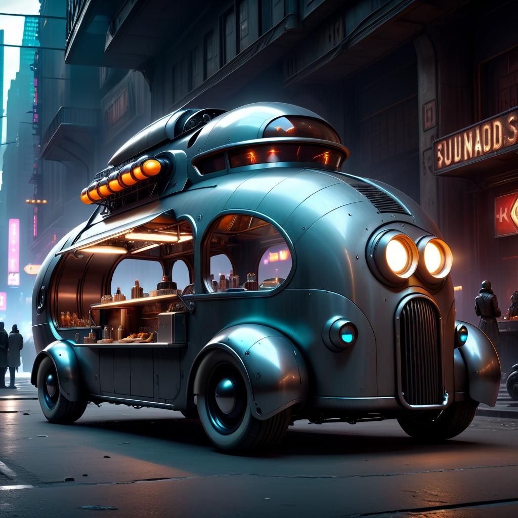 Futuristic Ratrod Food Truck in Dystopian City