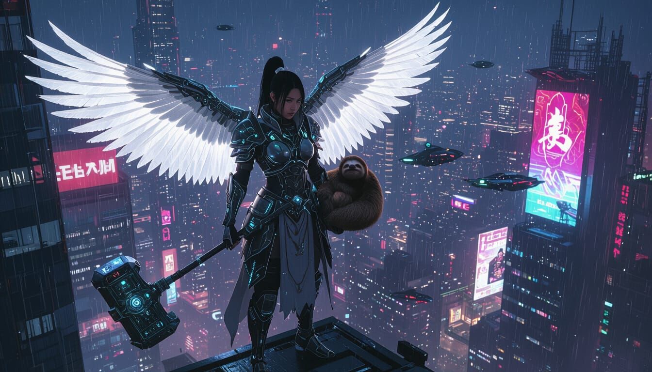 Cyberpunk Warrior with Wings and War Hammer