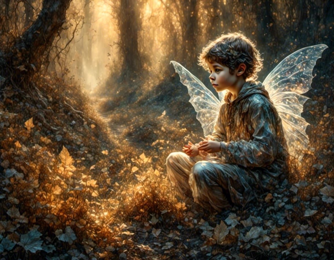 Fairy Boy Plays on Forest Floor: Watercolour Style