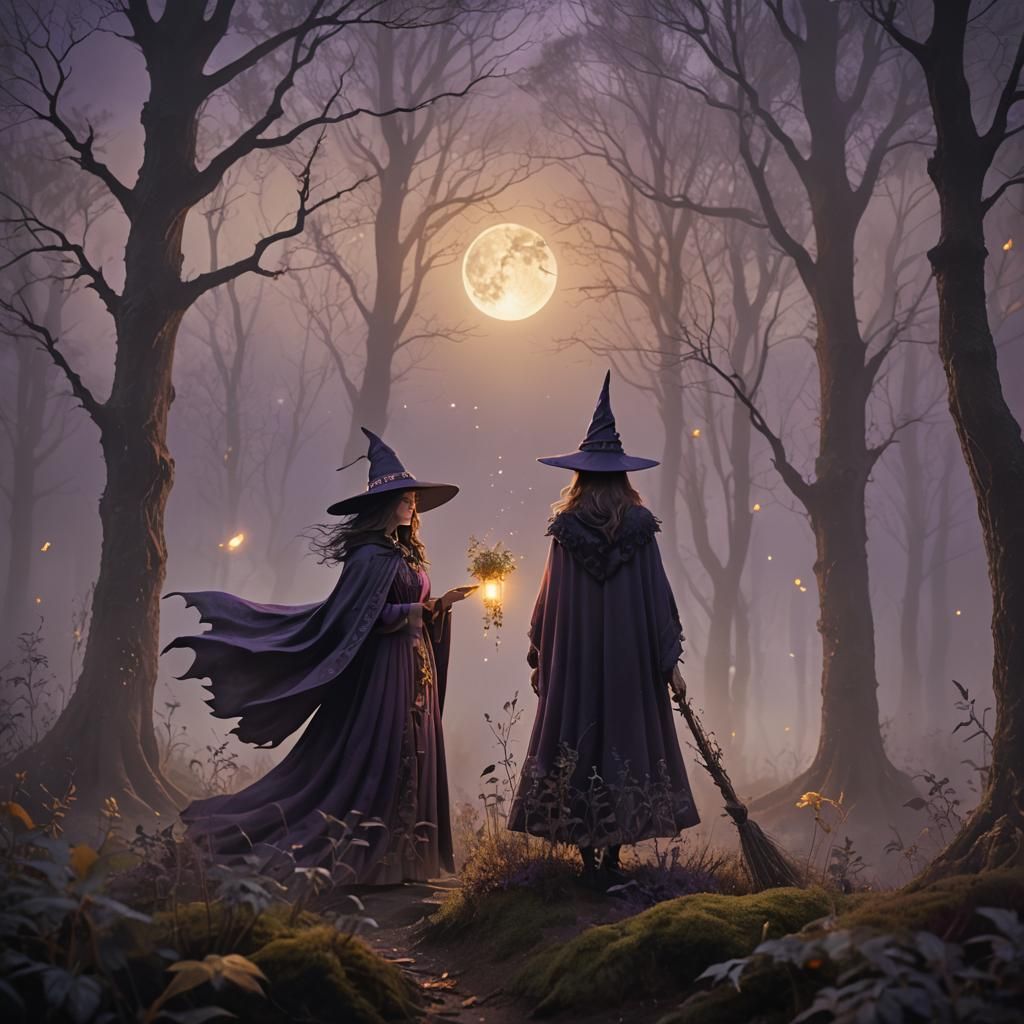 Mystical Witch Gathering Herbs in Misty Forest